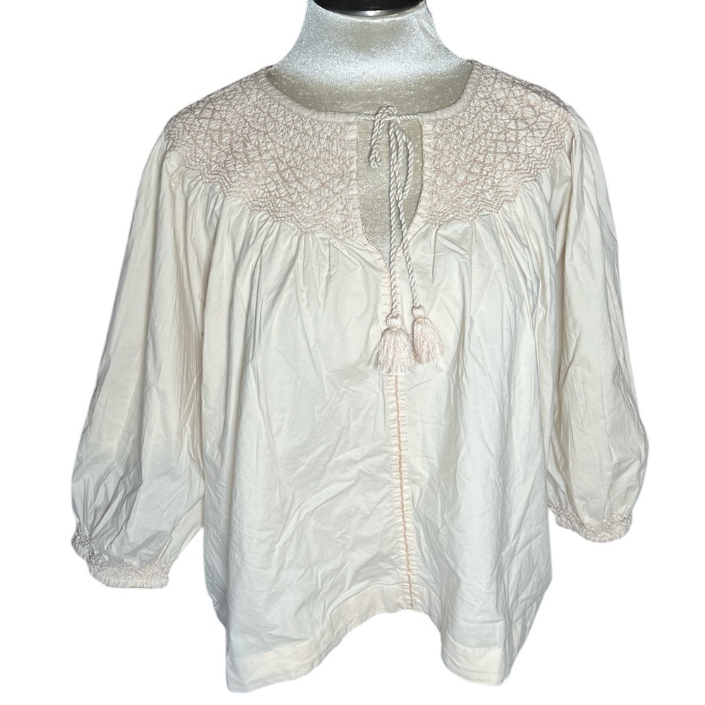 Evereve Ivory boho peasant Blouse smocked details with tassel ties XL